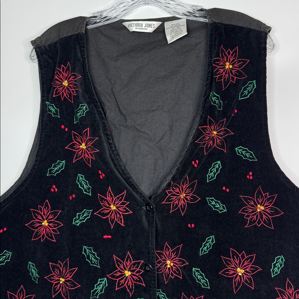 Vintage Victoria Jones Embroidered Poinsettias Holly Christmas Velvet Vest 3X - Picture 2 of 8
